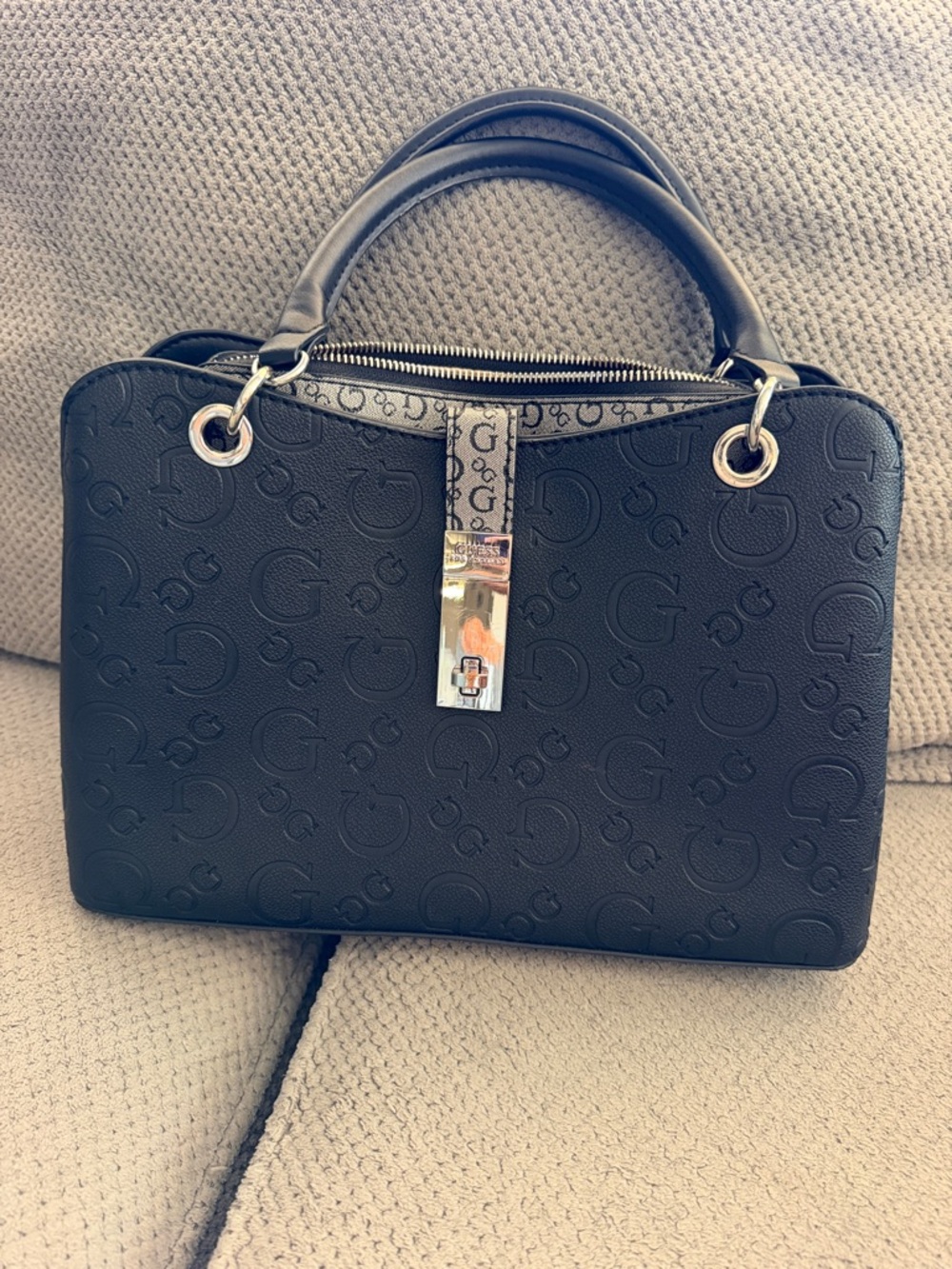 Guess Black Embossed G Satchel with Silver Accents